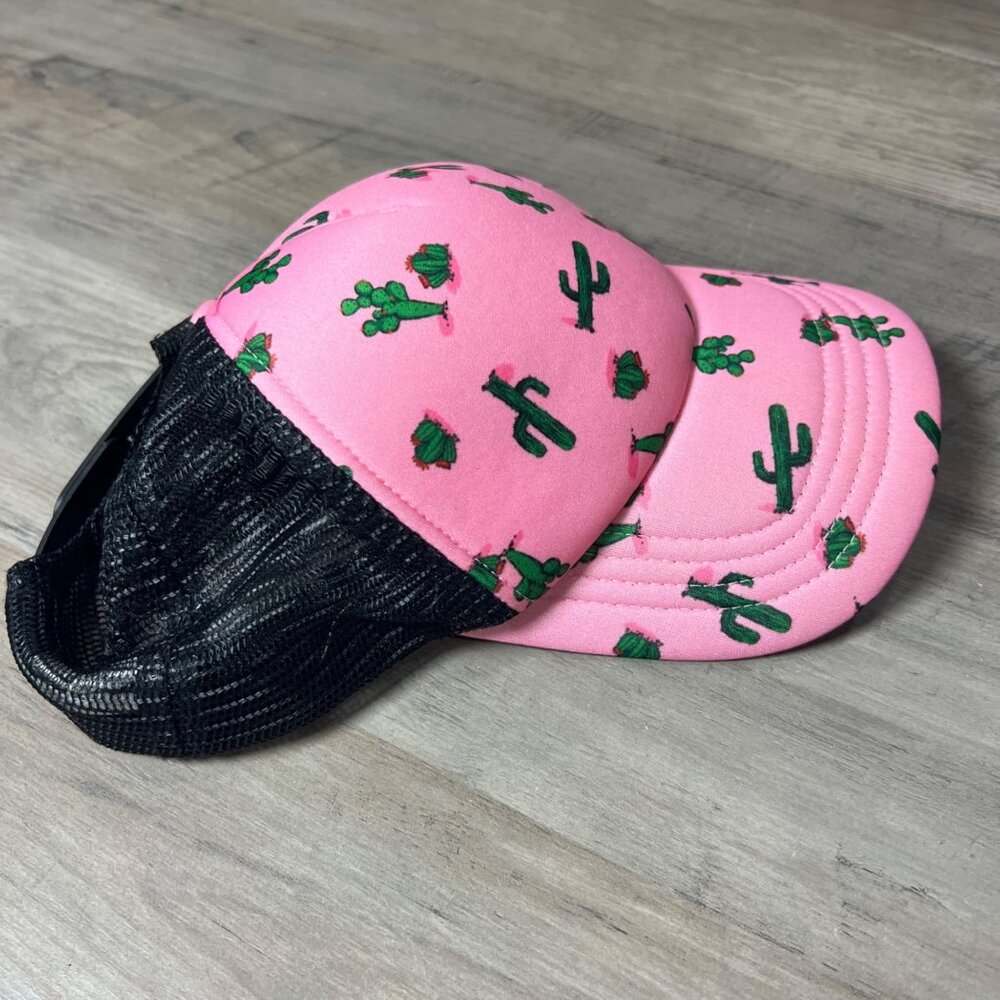 Pink Cactus Printed Trucker Hat With Black Mesh Adjustable Snapback - Picture 3 of 5
